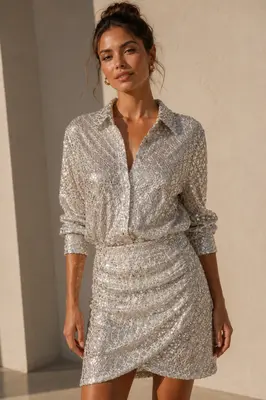 Damen Coctailkleid mit funkelnden Pailletten Langarm Partykleid Silber