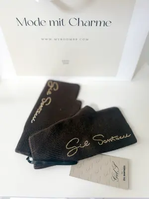 Gil Santucci Stulpen Strick Fingerlose Handschuhe mit Strasssteinen . Braun