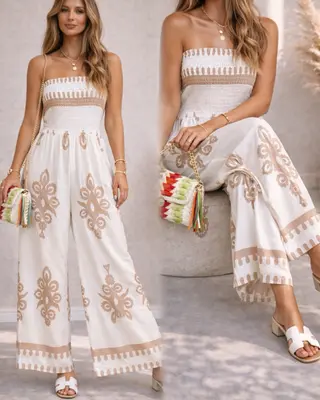 Overall aus Viskose mit Carmen Ausschnitt Einteiler Jumpsuit Playsuit