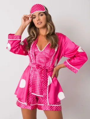 Damen 4 Teiliges Pyjama Set in Fuchsia mit Polka Dots Nachwäsche Set