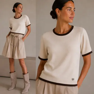 Damen Strickshirt mit Kontrastbesatz und kurzen Ärmeln Beige /Braun