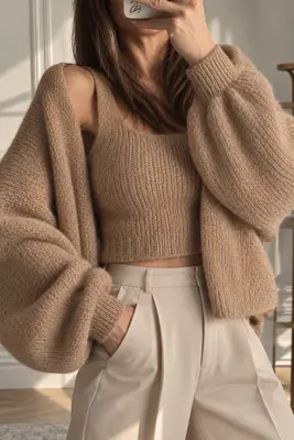 Damen Zweiteiliges Set Tanktop & Strickjacke Camel