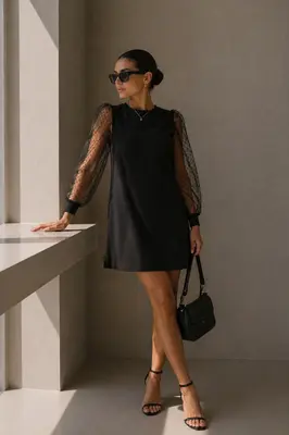 Damen gepunktet Mesh Ärmeln Langarm Partykleid kleines Schwarzes Kleid