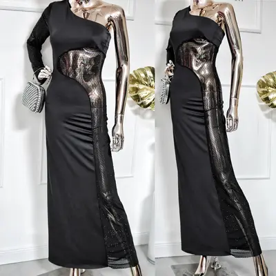 Damen Maxikleid mit Mesh Schwarz Strasssteinen Partykleid One Shoulder Kleid