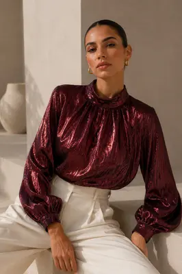 Langarm Bluse Metallic Bordeaux Metallic Damenshirt Party-Bluse Viskose