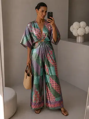 Damen Metallic Jumpsuit Overall mit weitem Bein Farbenfroh M/L