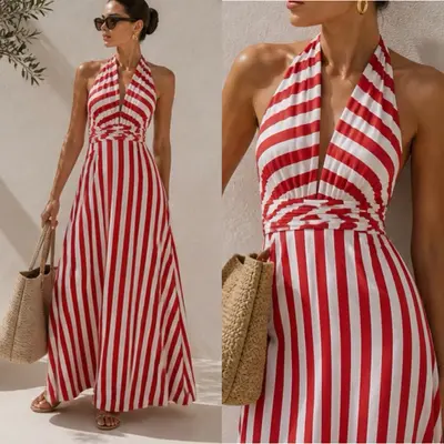 Maxikleid aus Viskose Rot Gestreift viele Bindungsmöglichkeiten Trägerkleid