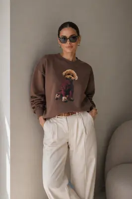 Neu Übergröße Sweatshirt Pudel Print Langarm Pullover Trendige Oberteil Braun