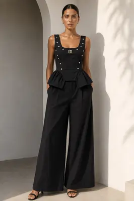 Gil Santucci Damen Zweiteiler Wide Leg Set Golddetails Sommer Elegant Schwarz