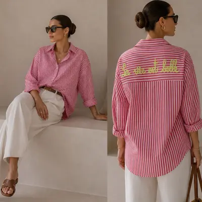 Damen Oversize Baumwollbluse „La vie est belle“ mit Stickerei