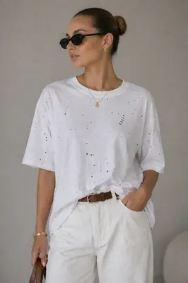 T-Shirt mit Löcher Kurzarm Baumwolle Oberteil Top Weiß mit Basic Shirt Baumwolle