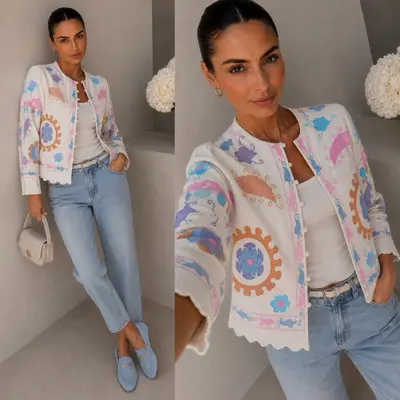 Boho Chic Jacke Damen | Pastell Töne | Handbestickt | Sommer Look Gr. S