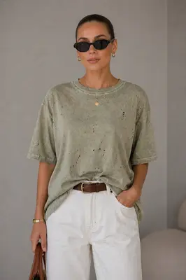 T-Shirt mit Löcher Kurzarm Baumwolle Oberteil Top Khaki Basic Shirt Baumwolle