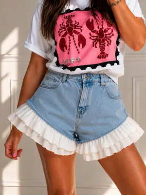 Damen Jeansshorts mit abnehmbarer Rüsche Denim Shorts High Waist Trend Sommer