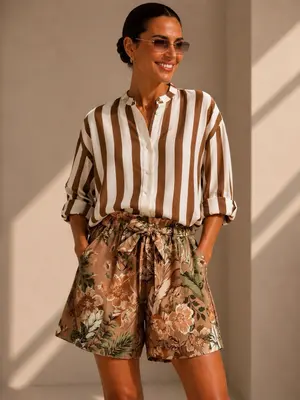 Damen Paperbag Shorts aus Leinen Bermudas kurze Hose Blumenmuster