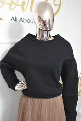 damen hoodie Sweatshirt Schwarz Stickerei Baumwolle Pullover