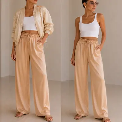 Kunstseide Fließende Palazzo - Hose 100% Viskose Gold/Beige Sommer
