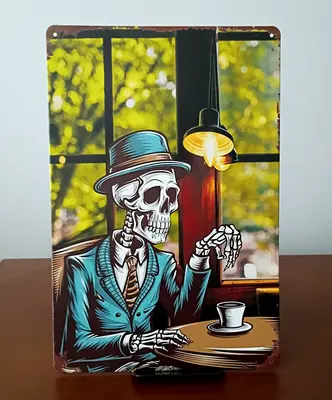 TOTENKOPF GENTLEMAN CAFE 12" Blechschild Wanddeko Halloween NEU