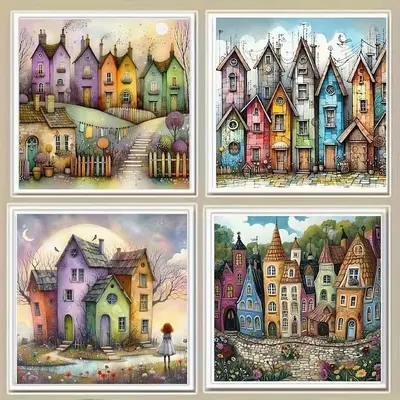 4er Pack Diamond Painting Kit BUNTE STADTHÄUSER 7,87" x 7,87" Vollbohrer NEU