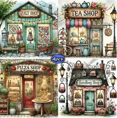 4er Pack Diamond Painting Kit Quilt Shop & Storefront 7,87" x 7,87" Vollbohrer