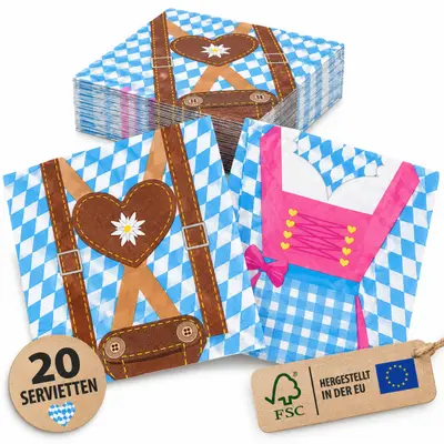 20 Servietten Oktoberfest Bayern 3-lagig FSC Dirndl & Lederhosen Partydeko