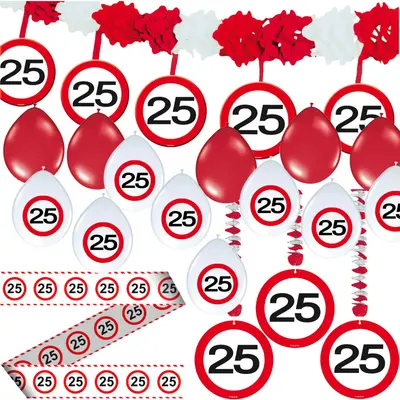 25. GEBURTSTAG DEKO SET - 24 TEILE - Verkehrsschild Party Set Dekoration Ballons