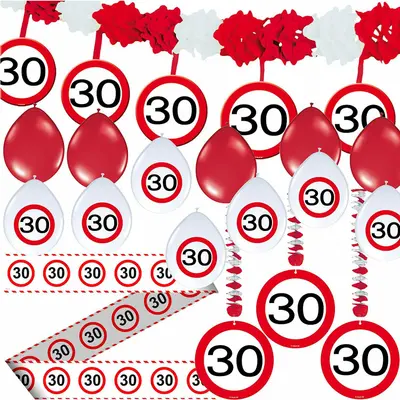 30. GEBURTSTAG DEKO SET - 71 TEILE - Verkehrsschild Party 30 Dekoration Ballons