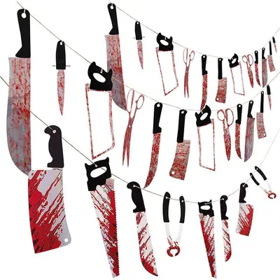 GIRLANDE BLUTIGE WERKZEUG Deko Halloween Grusel Blut Horror Folter Party - 1,8m