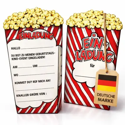 EINLADUNGSKARTEN KINO POPCORN Kindergeburtstag Kinder Party Einladung Geburtstag