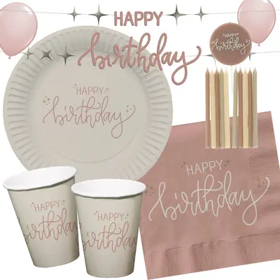 CREME ROSE - Geschirr Deko Happy Birthday Tischdeko Kinder Geburtstag Party Set