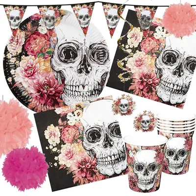 Totenkopf & Blumen - Geschirr Deko Schädel Tag der Toten Halloween Party Horror