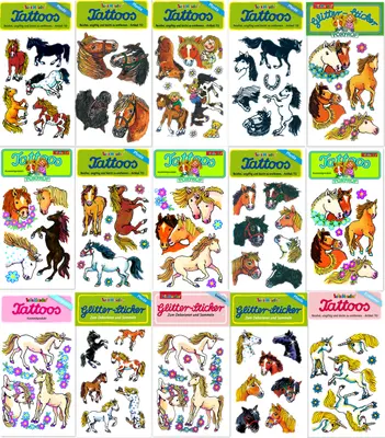PFERDE + EINHÖRNER - Tattoo Kinder Sticker Geburtstag Mitgebsel Deko Lutz Mauder