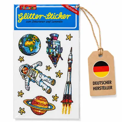 Weltraum Glitzer-Sticker 12 Aufkleber ablösbar 5,6x10,5cm Mitgebsel Lutz Mauder