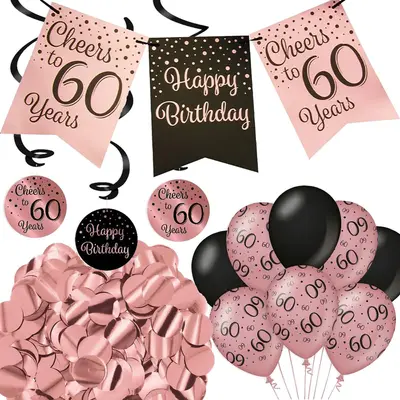 112-tlg. Partyset 60. Geburtstag Rosegold Deko Girlande Rotoren Ballons Konfetti