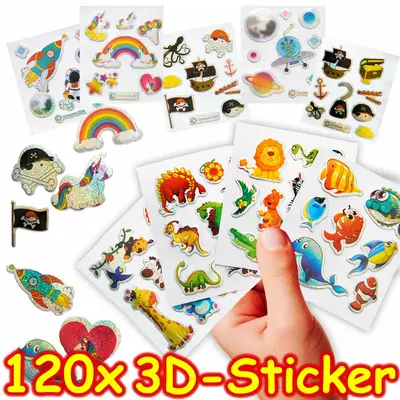 120 KINDER STICKER + 3D-Effekt - Aufkleber Mitgebsel Kindergeburtstag Basteln
