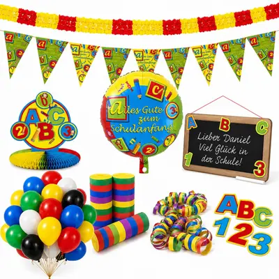 Einschulung Deko Set 72 Teile Türschild Wimpelkette Girlande Konfetti Luftballon