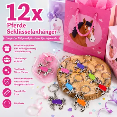 12 Pferde Schlüsselanhänger Metall Kindergeburtstag Mitgebsel Ponys Mädchen Set