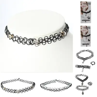 Tattoo Halsband Armband 3er Set Ring Strass Perlen Hand Love Gothic Choker
