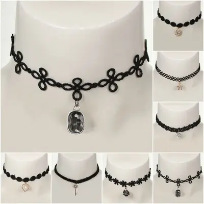 Gothic Samthalsband Strass Perlen Herz Stern Choker Kette Spitze Barock