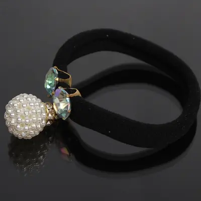 Nylon Haargummi Elastisch Haarband Zopfband schwarz Perlen Strass NEU
