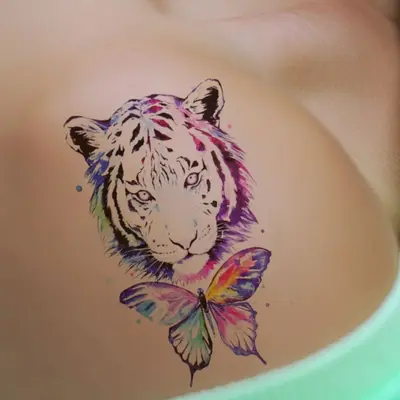 Temporäres Tattoo Tiger Schmetterling Bunt Design Klebetattoo