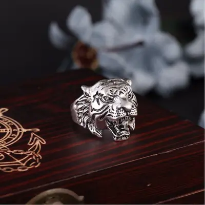 3D Edelstahl Ring Tiger Panthera tigris Biker Kelten Mittelalter Gothic Silber