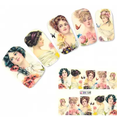 Tattoo Nail Art Dame mit Blumen Barock Aufkleber Nagel Sticker