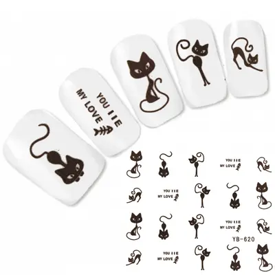 Tattoo Nail Art Aufkleber Cat Schwarze Süße Katze Nagel Sticker Neu!