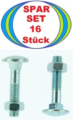 16 Stück M8 x 40 Schlossschrauben mit Mutter, 8x40 Flachrundschrauben DIN 603 Mu