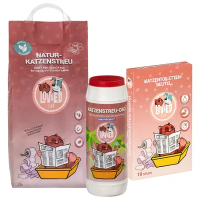 Lov&Ed Set für die Katzentoilette: Natur-Katzenstreu 10 Liter, Deo & Toilettenbe