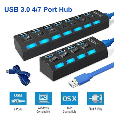 USB 3.0 Hub 4/7Ports Splitter Adapter mit Aktiv Netzteil Verteiler Für PC Laptop