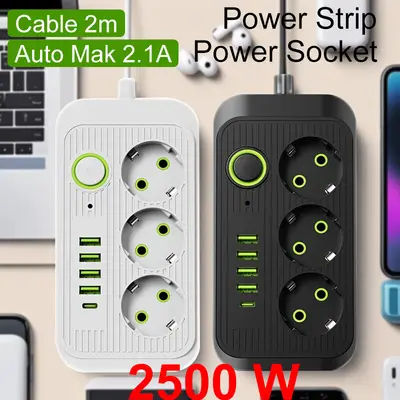 EU Stecker 2M Kabel 3AC Multiprise Steckdosenleis Steckdosen mit 4 USB 1 Typ C