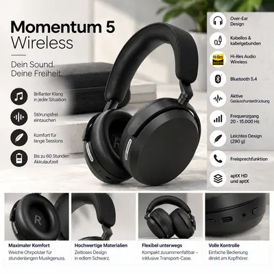 Sennheiser Momentum 5 Wireless Kopfhörer Bluetooth ANC 57h Akku Schwarz Neu