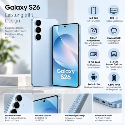Samsung Galaxy S26 512GB 6,3 Zoll Full HD 120 Hz 50 MP 12 GB Sky Blue - Wie Neu